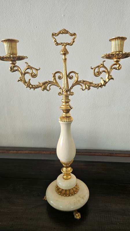 Vintage alabaster and brass candelabra 40cmH