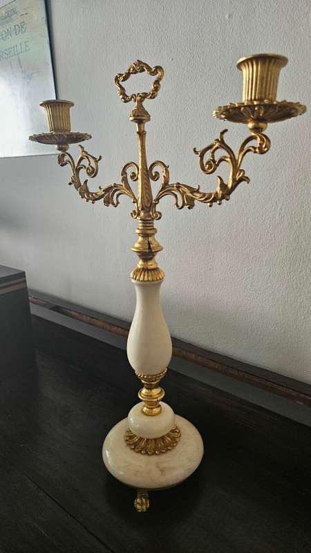 Vintage alabaster and brass candelabra 40cmH