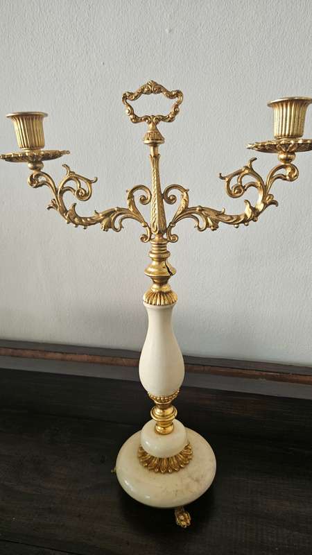 Vintage alabaster and brass candelabra 40cmH