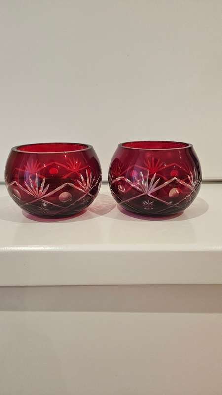 Red cut glass & Crystal candle holders 6.7cm