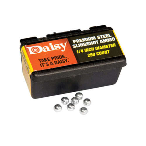 Daisy 1/4-Inch PowerLine Steel Slingshot Ammo - 250 count in a convenient box with a belt clip