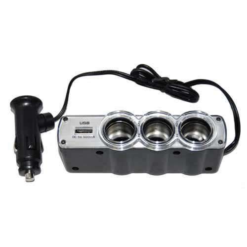 12V Triple Socket USB Car Cigarette Charger with USB charging Port ( 3 x socket )