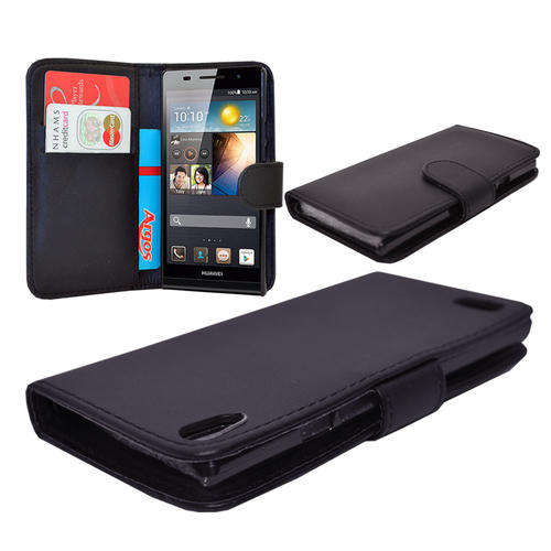 Huawei P 6 - Black PU Leather Wallet Cover with magnetic close + Free Screen protector