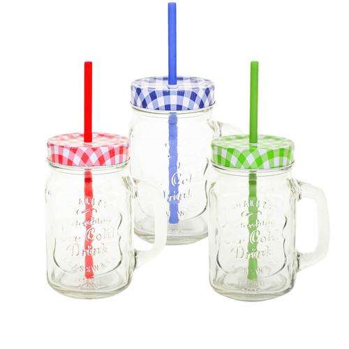 Mason Jar Mug - Cold Drink Cocktail 500ml Handled Party Glass Jar Tumbler with Lid & Straw