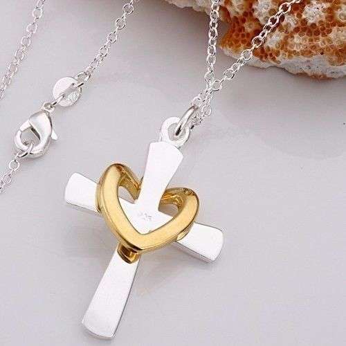 Elegant Women GIFT Golden Heart Cross Pendant with chain