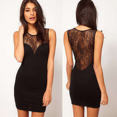 Sexy Women Chic See-through Splicing Lace Party Clubbing Mini Dress Black