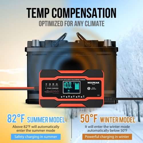 12V/24V Smart Fully Automatic Battery Charger Maintainer Trickle Charger w/ Temperature Compensation