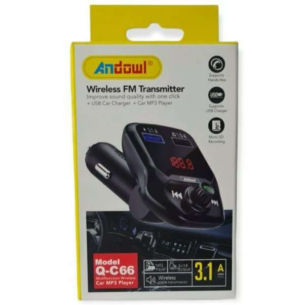 Andowl FM Car Transmitter with USB and 3.1Amp Charger, Play music via SD Card or USB