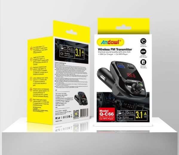 Andowl FM Car Transmitter with USB and 3.1Amp Charger, Play music via SD Card or USB