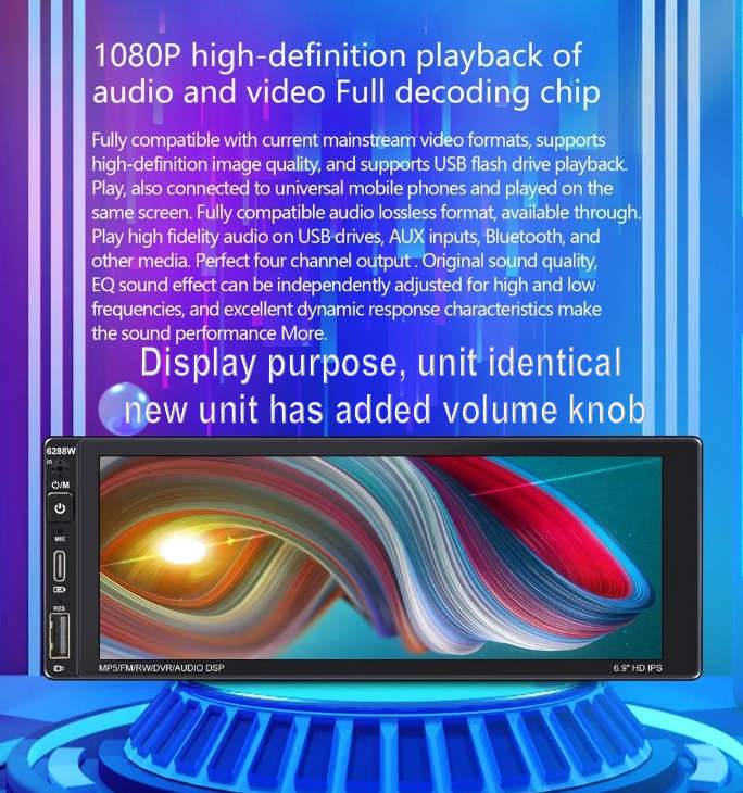 6.9 inch 1080p built in Carplay Android Auto MP5 Radio Touch screen Single Din 6.9 inch 1080p built