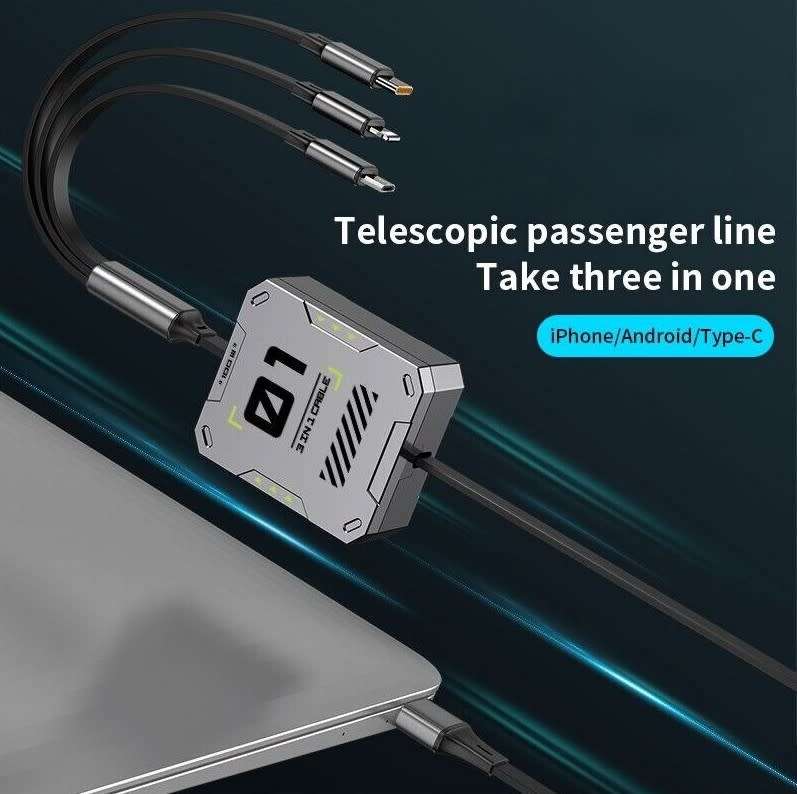 100 Watt 3 in 1 Multi Retractable Charger Cable: USB to Type C, Lightning & Micro