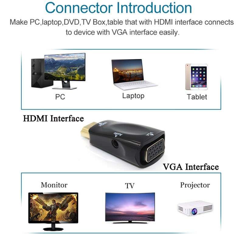 HDMI TO VGA CONVERTER WITH AUDIO CABLE MALE TO FEMALE FOR PC LAPTOP TABLET SUPPORT HDTV ADAPTER