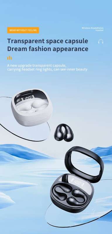 JR01 Transparent Capsule Smart Digital Display Ear-hook Bluetooth Earphones(Black)