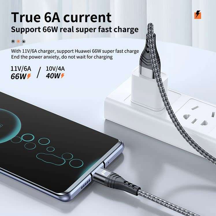 USB Braided 6A 66W Fast Charge Compatible cable - Type C - Black