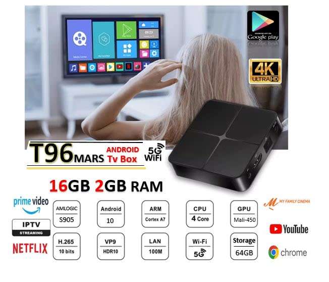 T96 Mars 4K HD 5G Wifi Smart TV Box 905W Quad-Core Plus 16GB