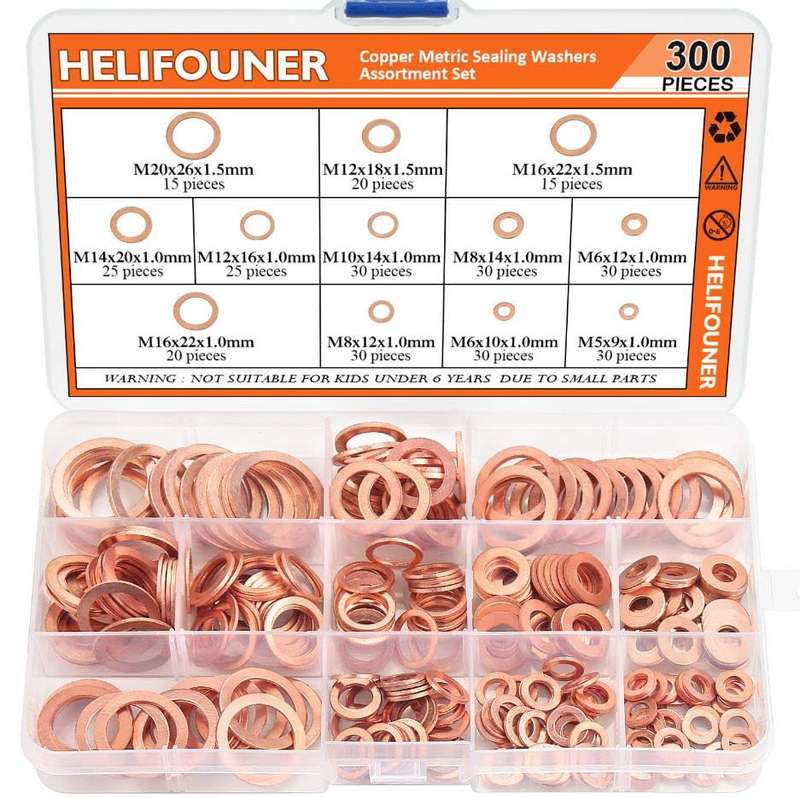 Copper Washer Assortment Set, HELIFOUNER 300 Pieces 12 Sizes Copper Metric Sealing Washers Kit