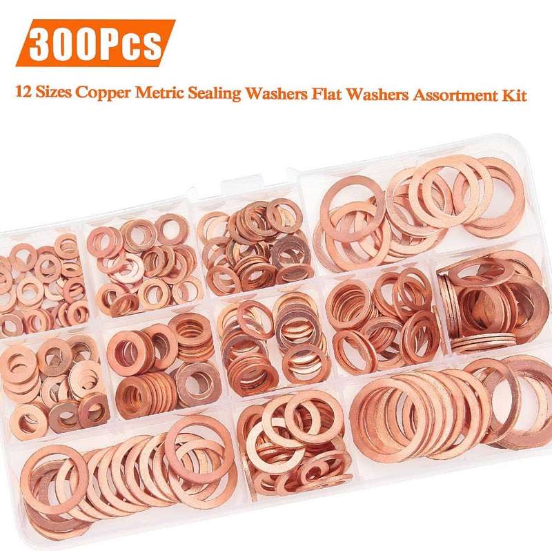 Copper Washer Assortment Set, HELIFOUNER 300 Pieces 12 Sizes Copper Metric Sealing Washers Kit