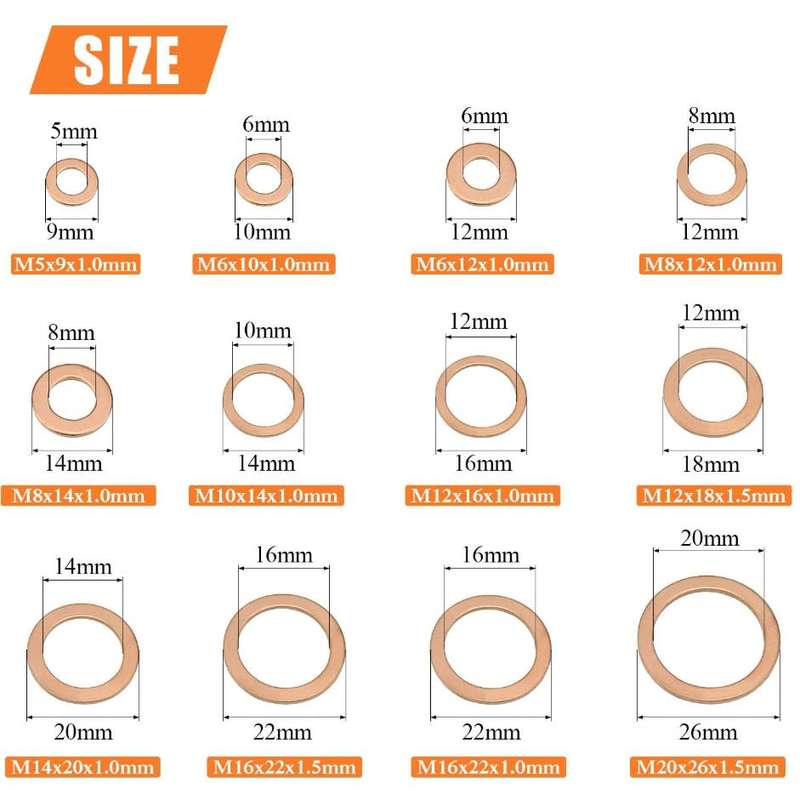 Copper Washer Assortment Set, HELIFOUNER 300 Pieces 12 Sizes Copper Metric Sealing Washers Kit