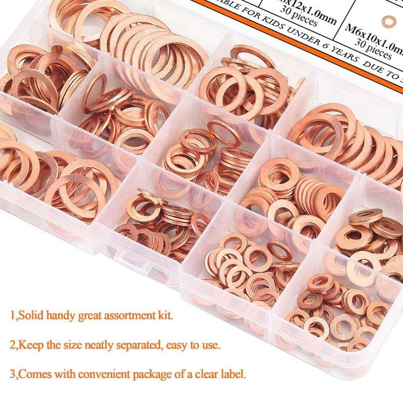 Copper Washer Assortment Set, HELIFOUNER 300 Pieces 12 Sizes Copper Metric Sealing Washers Kit