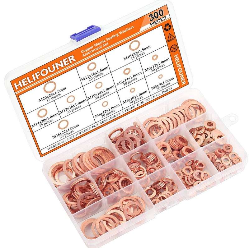 Copper Washer Assortment Set, HELIFOUNER 300 Pieces 12 Sizes Copper Metric Sealing Washers Kit
