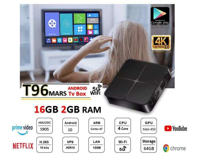T96 Mars 4K HD 5G Wifi Smart TV Box 905W Quad-Core Plus 16GB