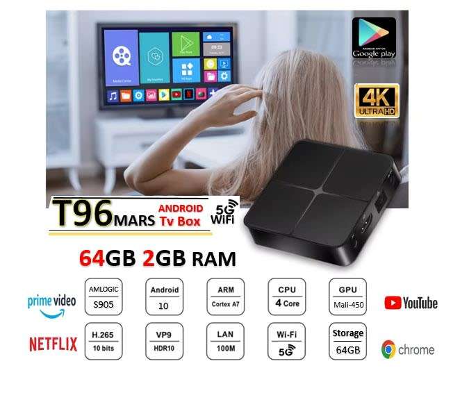 T96 Mars 4K HD 5G Wifi Smart TV Box 905W Quad-Core Plus FREE 64GB Memory Card