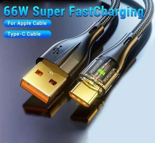 USB Braided 6A 66W Fast Charge Compatible cable - Type C - Black - 1 m