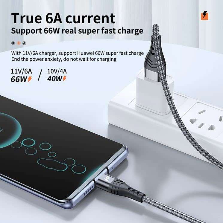 USB Braided 6A 66W Fast Charge Compatible cable - Type C - Black - 1 m