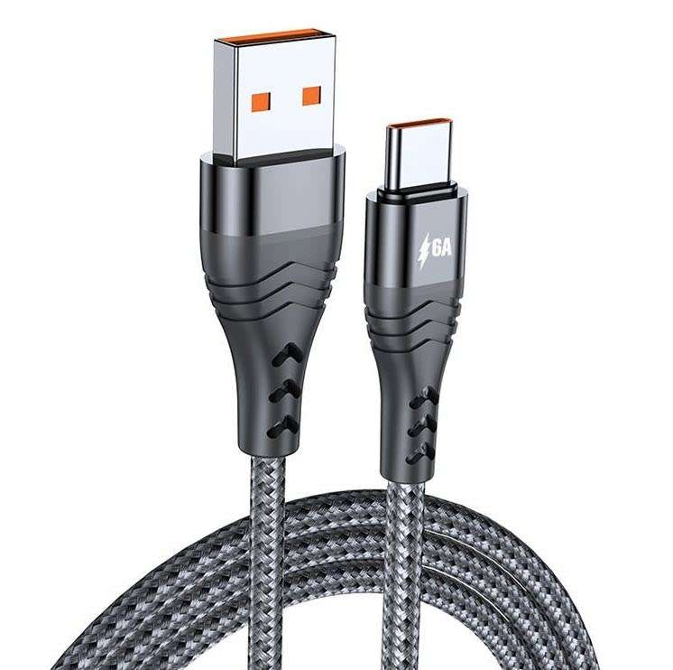 USB Braided 6A 66W Fast Charge Compatible cable - Type C - Black - 1 m