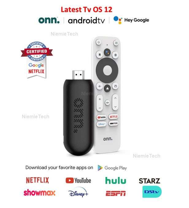 2024 Onn Google 12 Tv OS & Netflix Certified TV Stick FHD, All Apps Compatible Rev3