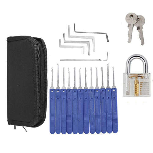 12 Piece Lock Pick Set with Tranparent Padlock (Blue Handles)