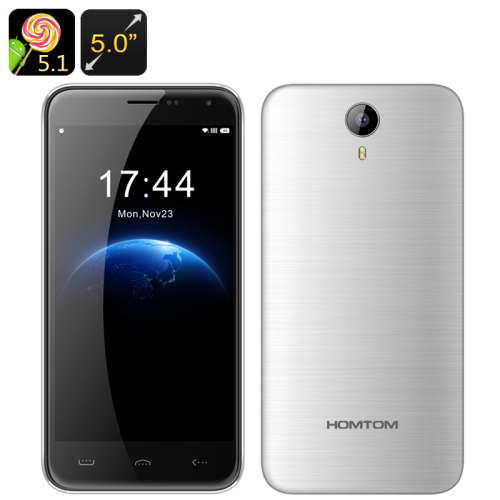 Homtom HT3 Android Smartphone - Quad Core CPU, Mali GPU, 5 Inch HD Display, 3000mAh Battery, Silver.