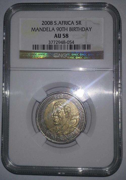 4 AVAILABLE !!!!!!!!2008 Mandela 90th Birthday R5 Coin NGC Graded AU58