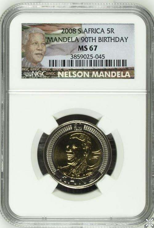 5  AVAILABLE **MS67**COLOR LABEL**2008 MANDELA B-DAY MS67 NGC GRADED COINS**3rd HIGHEST GRADE**