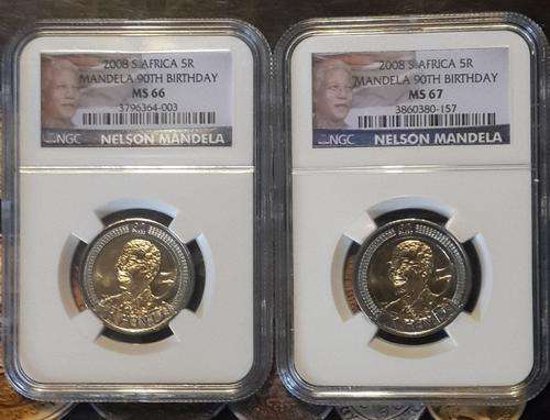 ***NELSON MANDELA Ltd EDITION 2008 90th BIRTHDAY R5 NGC GRADED MS66&MS67***