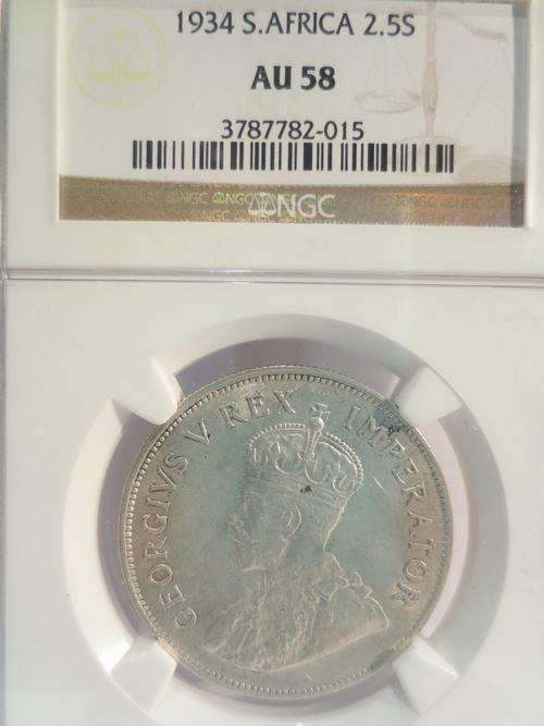 1934 Half Crown (2/6-) Union of South Africa: NGC Graded AU58 (almost MINT STATE) Brilliant Lust