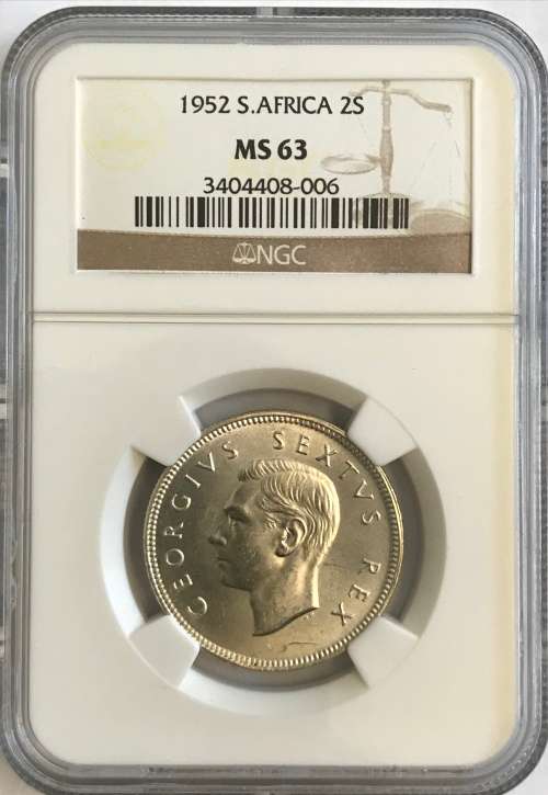 1952 Union Two Shilling NGC MS63. High grade. Becoming Rare