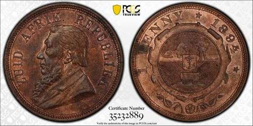 1894 Penny (1d) Paul Kruger ZAR: PCGS graded MS62 RB (MINT STATE)