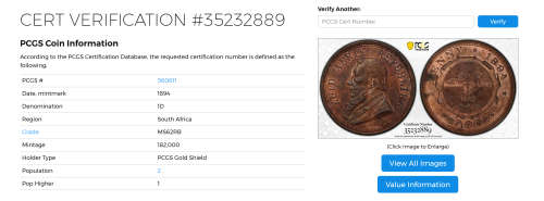 1894 Penny (1d) Paul Kruger ZAR: PCGS graded MS62 RB (MINT STATE)