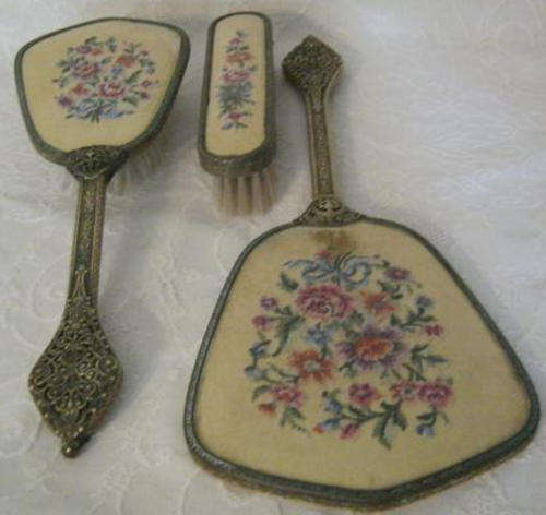 THREE PIECE, PETTIPOINT VINTAGE DRESSING TABLE SET, WITH FILIGREED GILT METAL