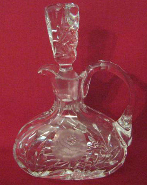 VINTAGE, HAND CUT, ROSE AND LEAF DESIGN CONDIMENT DECANTER.