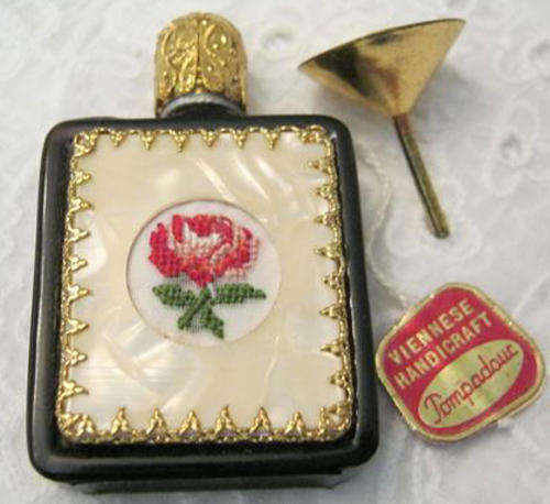 VIENNESE HANDICRAFT, POMPADOUR GLASS SCENT BOTTLE WITH FUNNEL, MADE IN AUSTRIA.