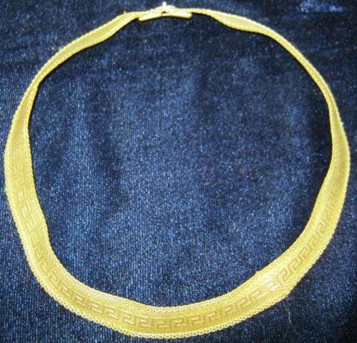 VINTAGE BRASS, CHOCKER STYLE NECKLACE, GREEK DESIGN. MADE FROM FINELY WOVEN BRASS THREAD.