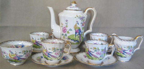 ANTIQUE, ENGLISH, BEAUTIFULLY HANDPAINTED, STAFFORDSHIRE BONE CHINA COFFEE SET
