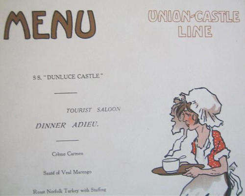 TOURIST CLASS MENU, UNION CASTLE LINE, SS. " DUNLUCE CASTLE " 1936.