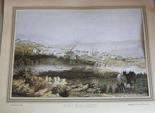 VINTAGE, HISTORICAL, UNFRAMED COLOURED  LITHOGRAPH OF PORT ELIZABETH IN THE EARLY DAYS.