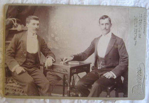 ANTIQUE STUDIO PHOTO CARD, FEATURING TWO DASHING YOUNG MEN.