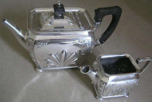 THE SWEETEST TEA SET FOR TWO, ANTIQUE SILVER PLATED TEAPOT AND MATCHING  CREAMER