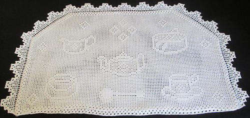 VINTAGE HAND CROCHET TEA COSY, WITH CUP & SAUCER, TEAPOT, MILK JUG AND SUGAR BOWL DESIGN.