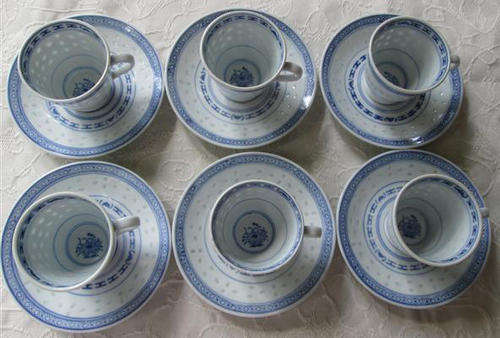 CHINESE, BLUE AND WHITE, RICE DESIGN, TRANSLUCENT PORCELAIN, DEMITASSE CUPS AND SAUCERS.